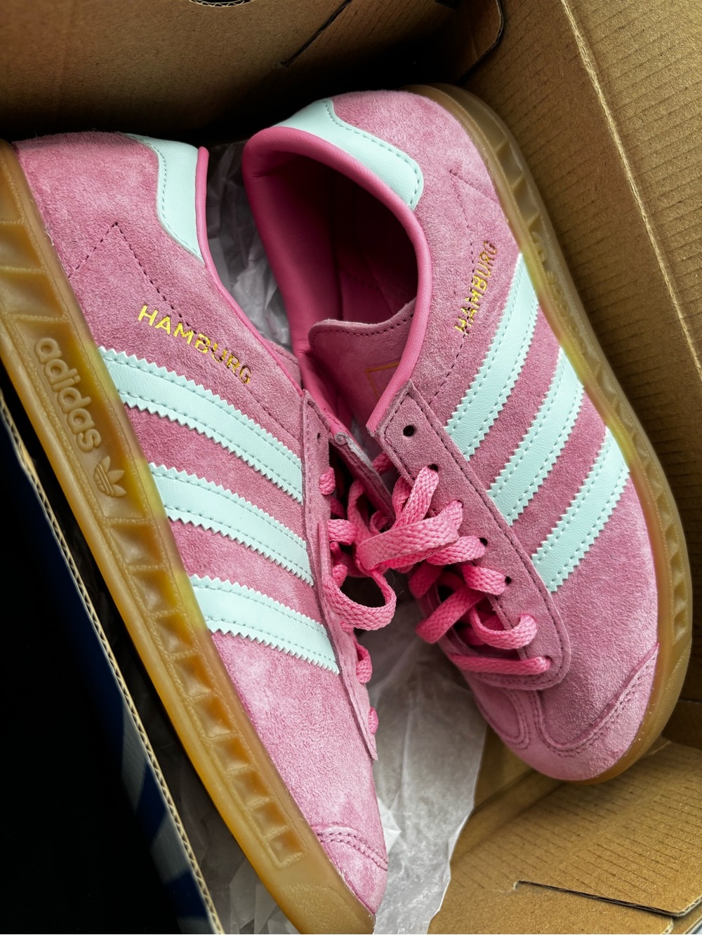 adidas Hamburg Pink Suede Sneakers with Mint Stripes and Gum Sole